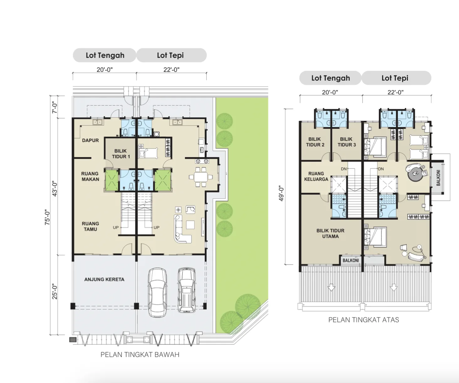 Taman Lapangan Indah ground floor plan: kitchen, bedroom 1, dining, living, two-car porch