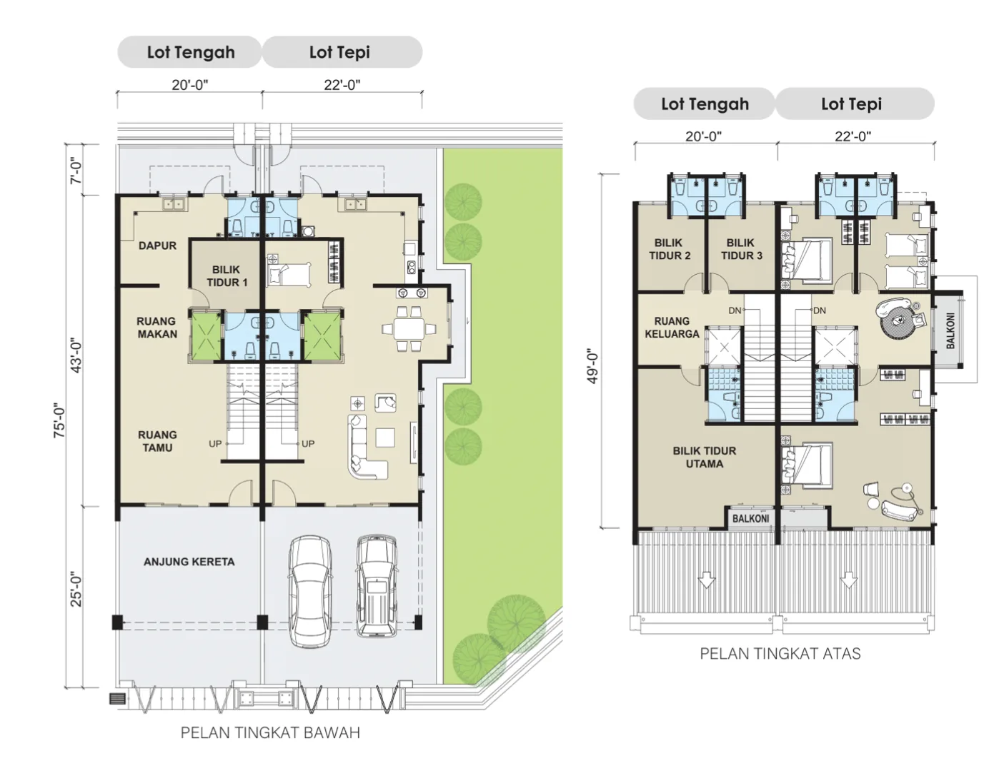 Taman Lapangan Indah upper floor plan: master bedroom, bedroom 2 and 3, family room, two balconies