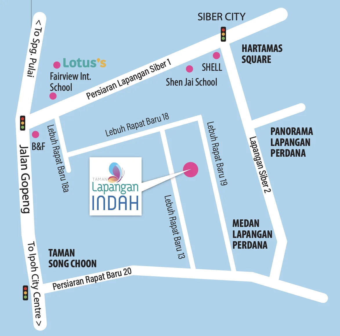 Illustrated location map of Taman Lapangan Indah, Botani, showing Jalan Gopeng, Lotus's, Shen Jai School and Hartamas Square