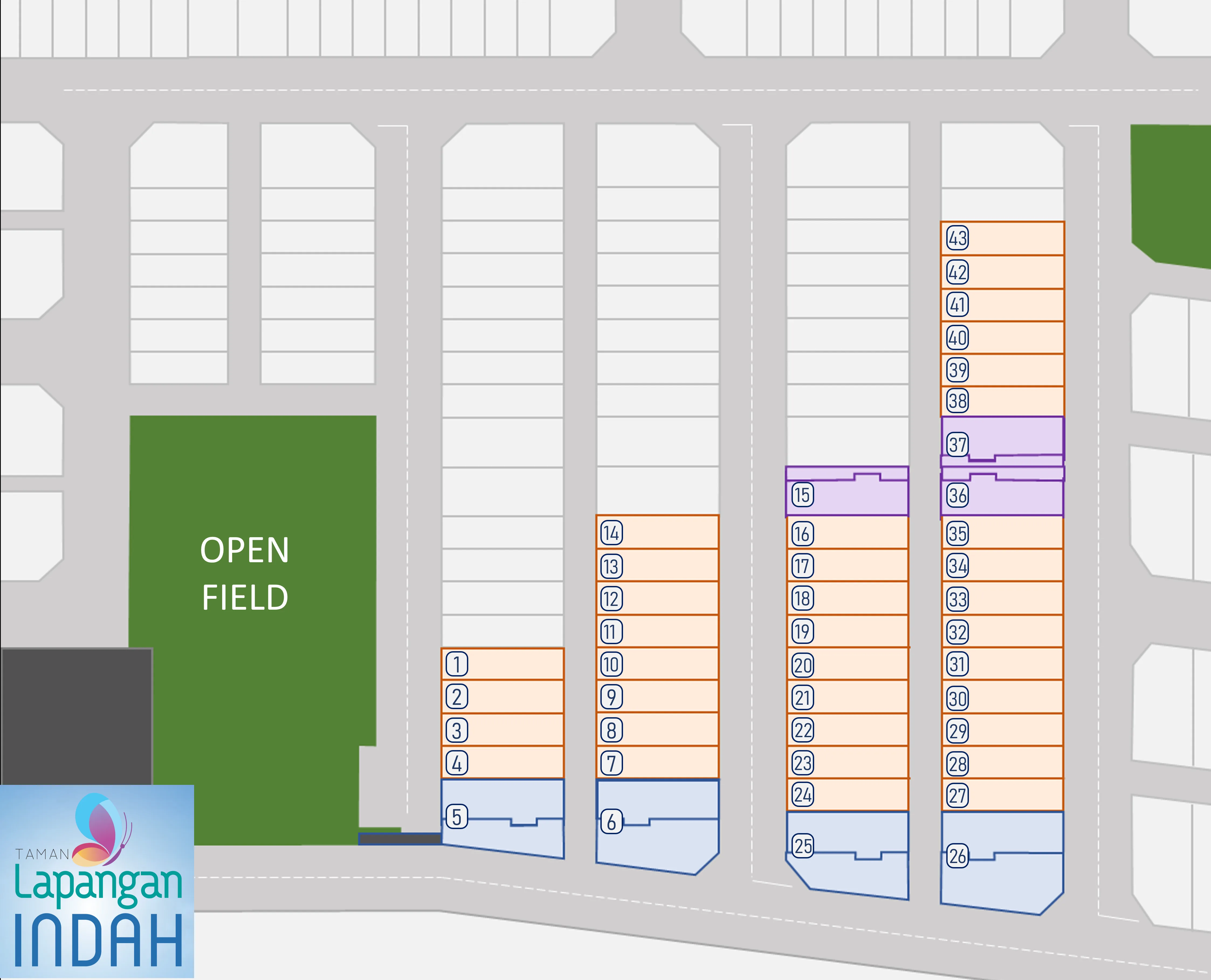 Taman Lapangan Indah official site plan, 43 numbered lots beside the Open Field